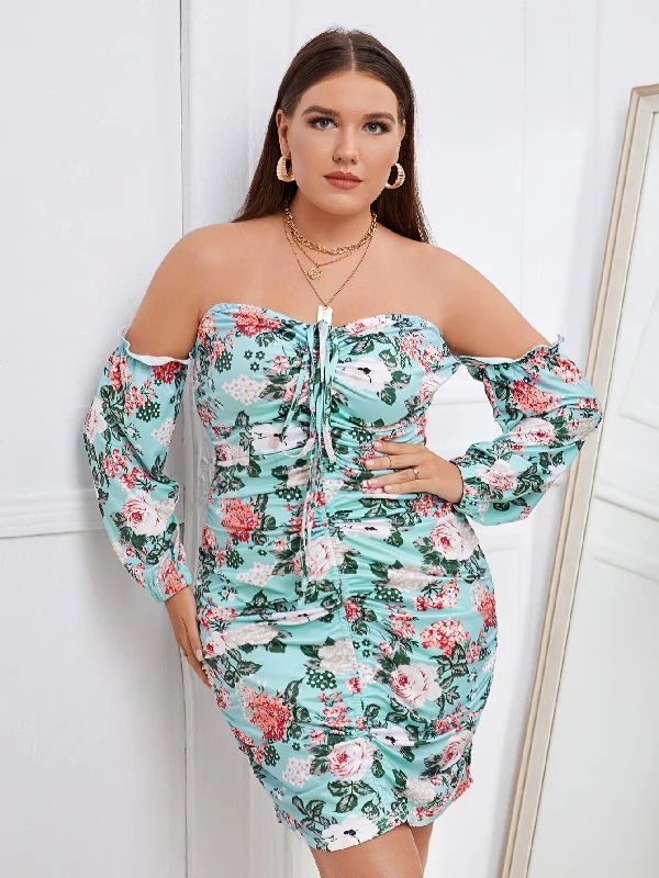 Fresh And Capable Sexy Floral Frill Long Sleeve Off The Shoulder Pencil Natural Short Plus Size Dress