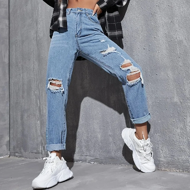Beautiful Romance Fashion Personality Ripped Denim Straight-Legged Pants Wholesale Jeans