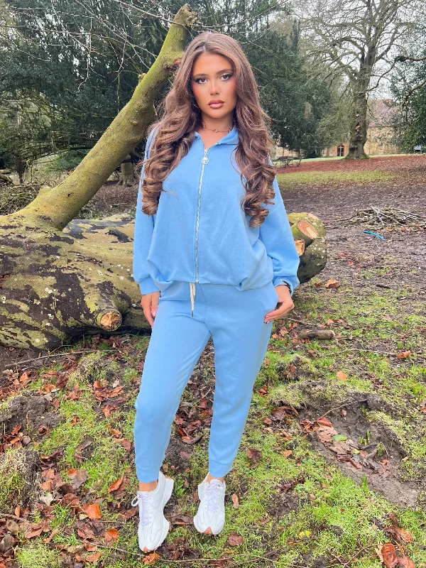 Street Charm Blue Balloon Detail Waist Hooded Jacket