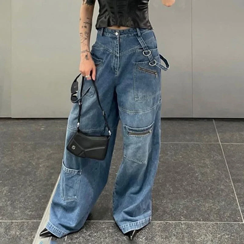 Fashionable and casual Heavy Industry Zipper Workwear Loose Straight Casual Jeans Wholesale Women'S Bottom