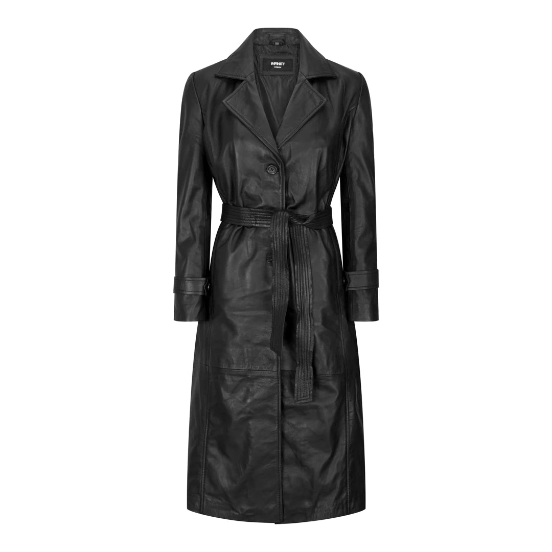 Sports And Leisure Womens Real Leather Trench Coat Mac Classic 3/4 Long Black 1980s Vintage Retro