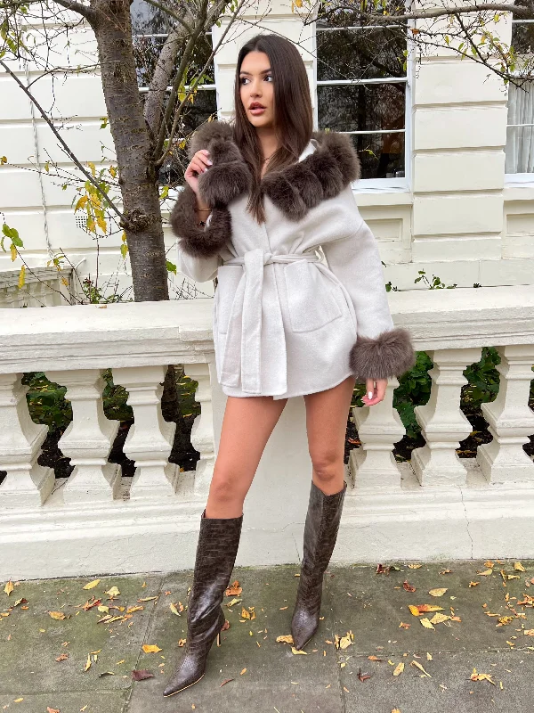 Comfortable Mind Beige/Chocolate Cashmere Coat With Faux Fur Trim