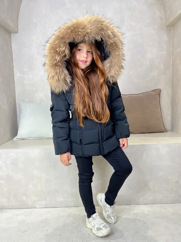 High-quality Fabrics Childrens Black Luxury Fur Padded Belted Coat