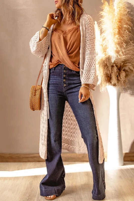 Cozy Chic Dropped Shoulder Long Sleeve Crochet Duster Cardigan