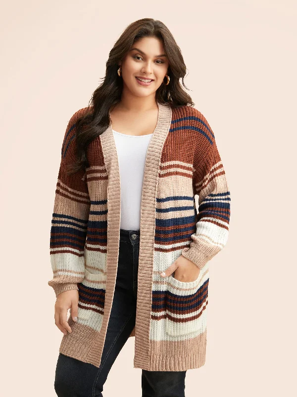 Timeless Comfort Contrast Striped Pocket Drop Shoulder Cardigan