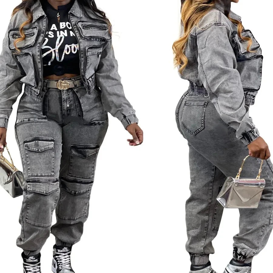 Sweet Girl ZHEZHE Fashion Casual Autumn Ladies Denim Outfit Elegant Long Sleeve Jeans Cropped Jacket and Ripped Pant Women 2 Piece Set