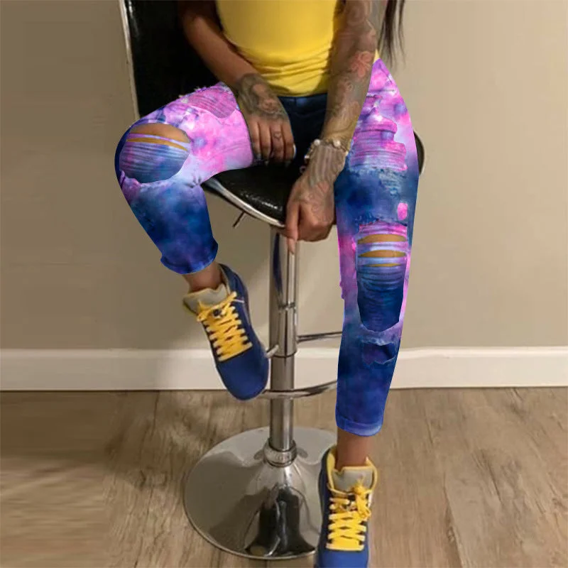 Style Design Washed Light Coloured Tie-Dye Ripped Denim Trousers Wholesale Womens Clothing
