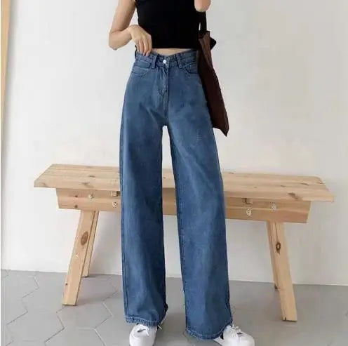 Breathable Style Women's High-Waisted Wide Leg Blue Denim Jeans