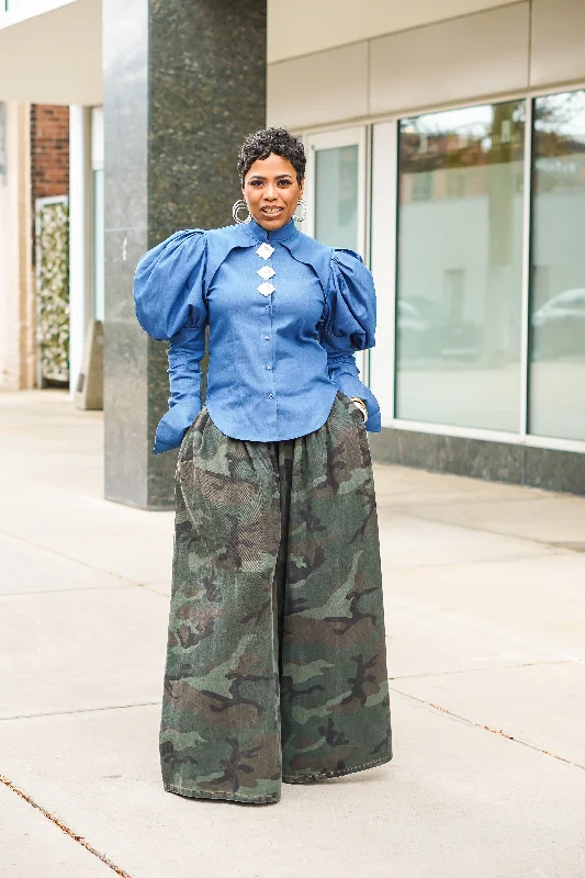 Sports High Waist Style Denim Bling, Bling Button up Top