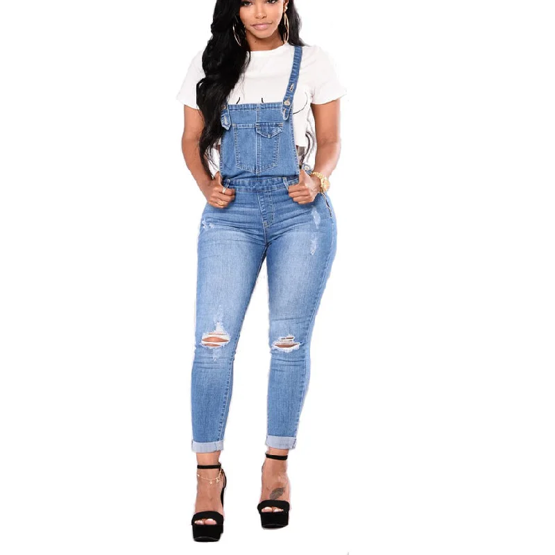 Comfy Pants Fashion Hole Denim Suspender Straight Jumpsuit Wholesale Jumpsuits