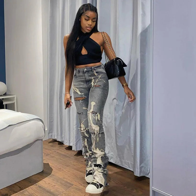 Urban Chic Edgy Ripped Camouflage Jeans Look