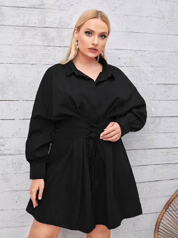 Simple Matching Casual Plain Lace Up Long Sleeve Collar Flared High Waist Knee Length Plus Size Dress