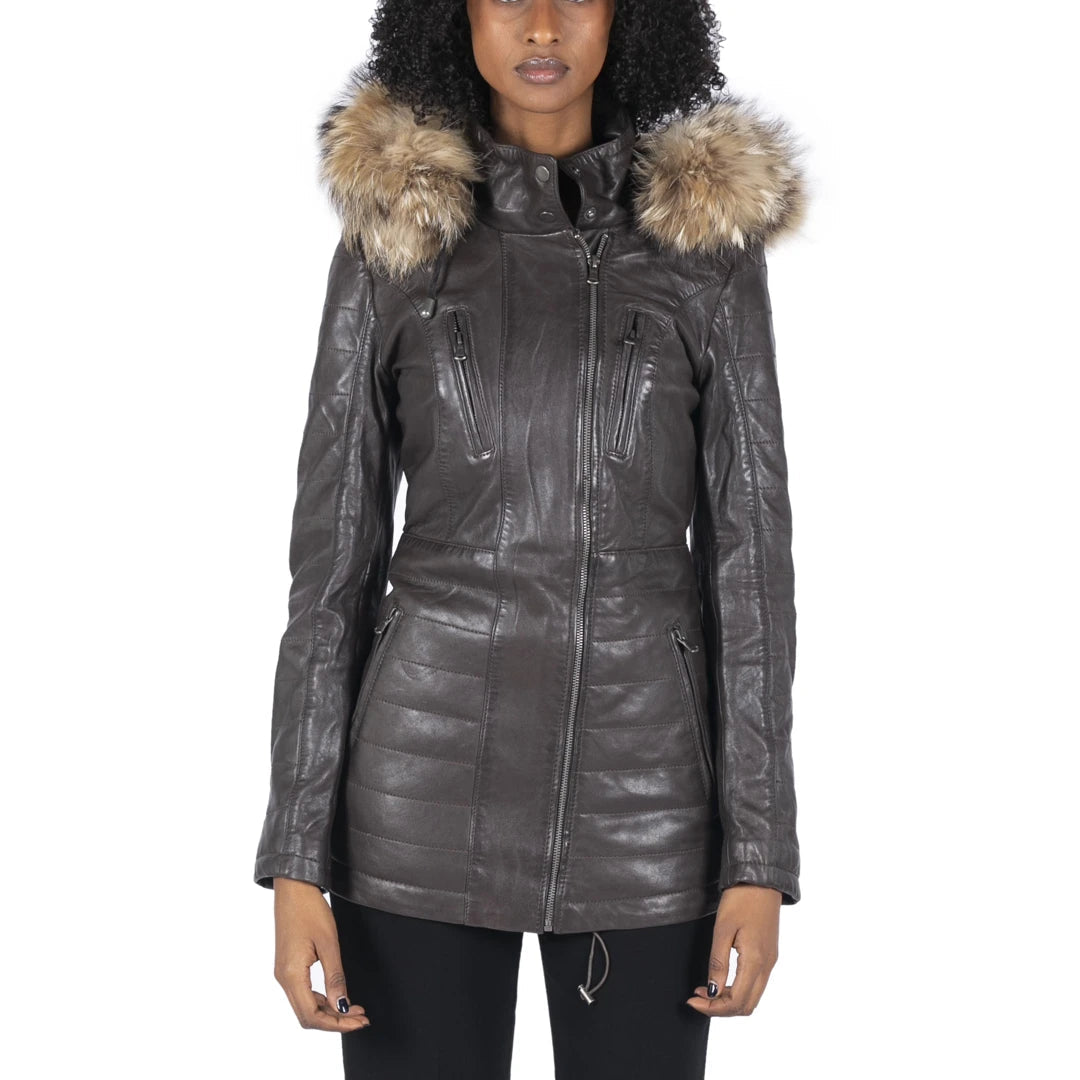 European Plan Women's Leather Parka Jacket 3/4 Fur Hood Zipped Brown Tan Grey