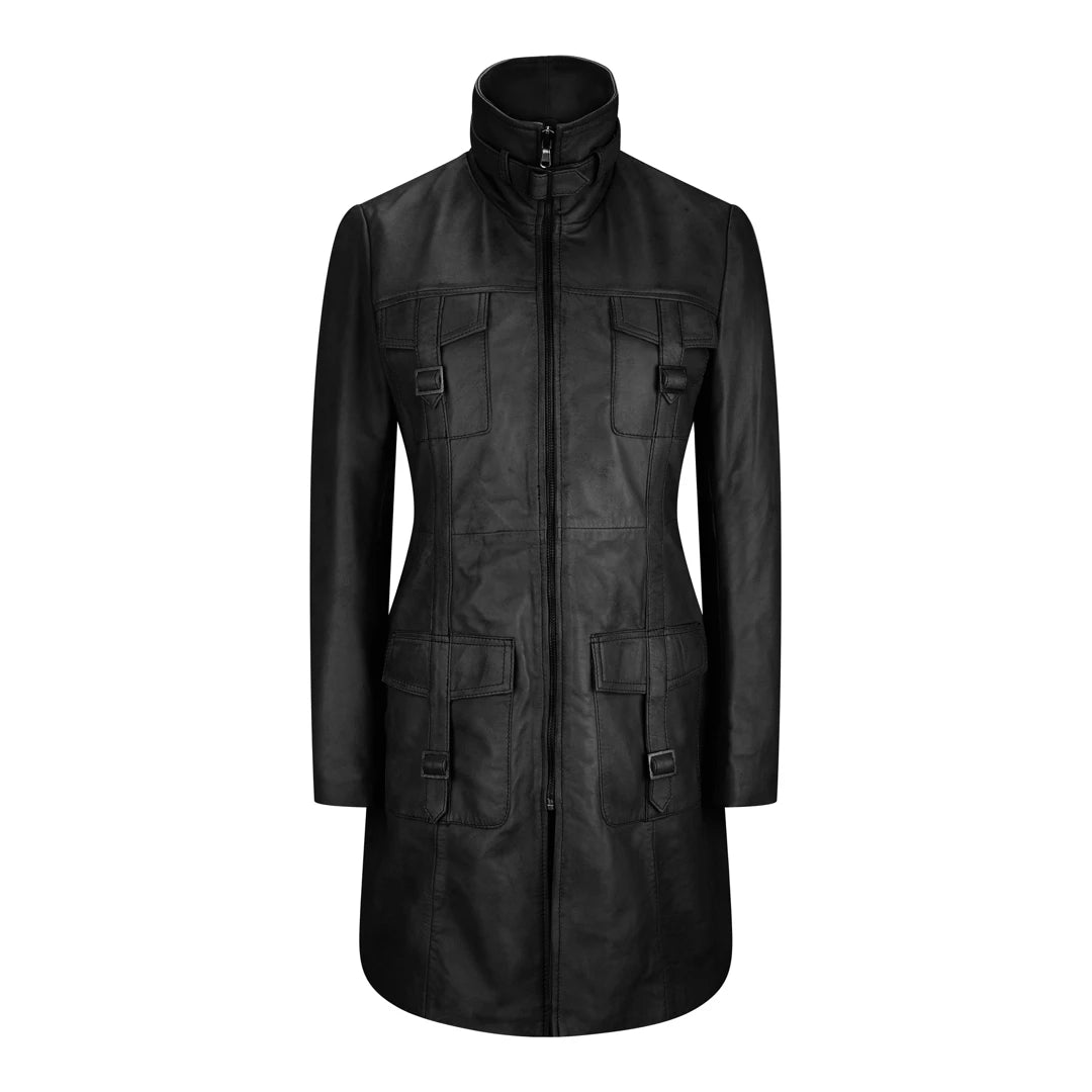 End Of The Year Black Tan Women's Woman's Soft Washed Leather Jacket Trench Coat