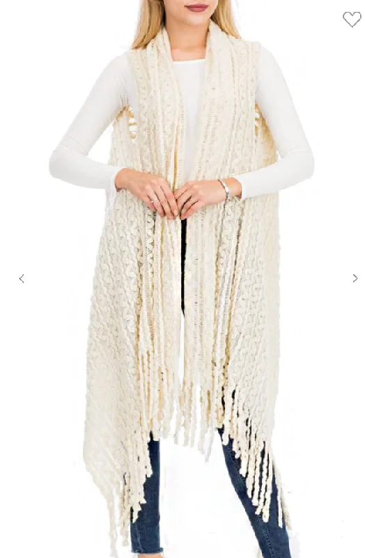 High-waisted pants style Zig Zag Crochet Knit Fringed Long Vest with Pom Pom