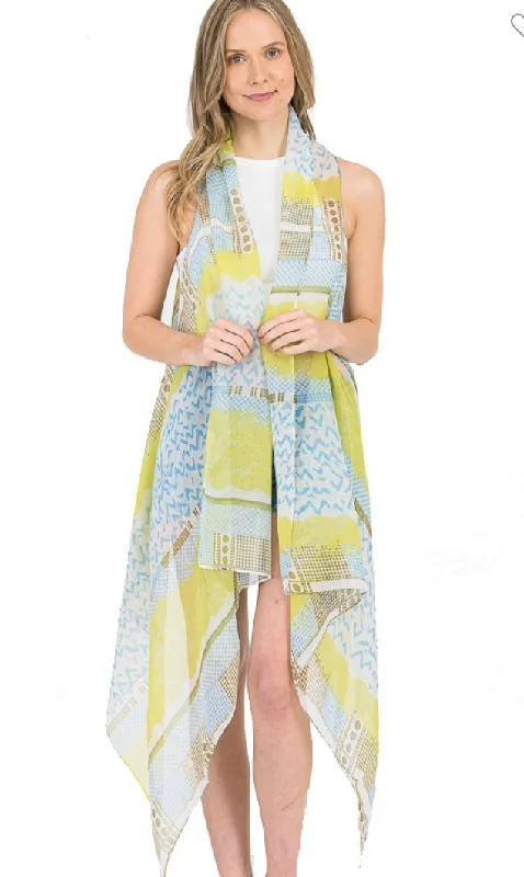 Short skirt design Mosaic Multi Print Sleeveless Kimono Vest - 2 Colors