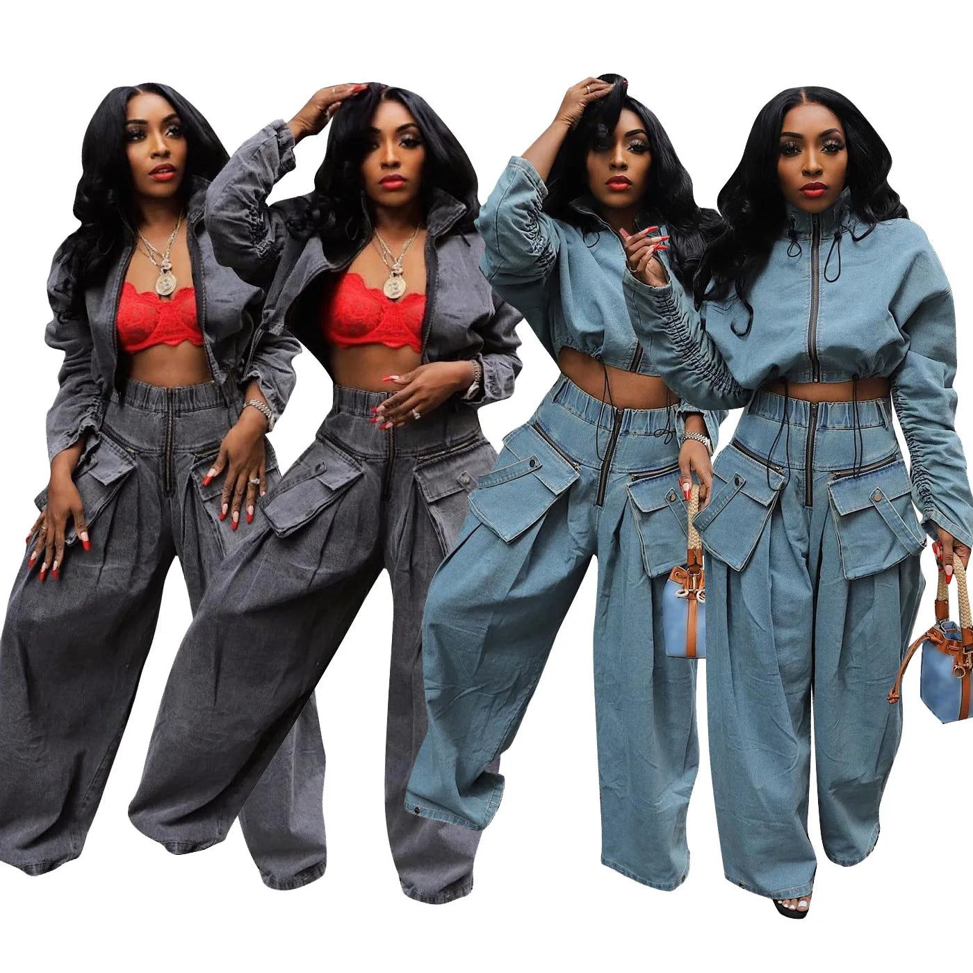 Windbreaker fashion Ts1288 Modest High Quality Wash Zipper Shorts Denim Jacket And Cargo Baggy Jeans Matching Denim Two Piece Set