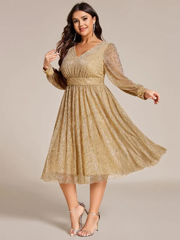 Bright Colors Plus Size Glitter Midi Wedding Guest Dress with Long Sleeves