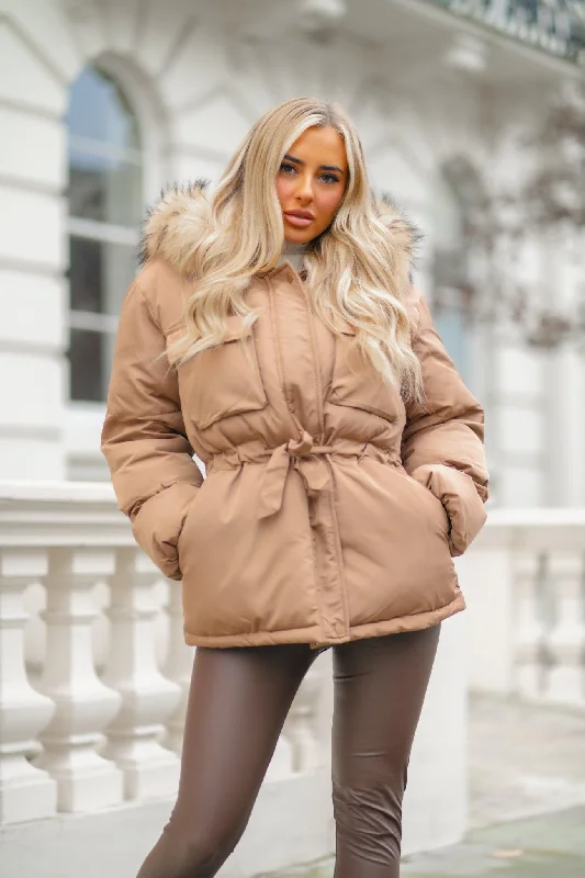 Modern City Tan Drawstring Luxury Fur Padded Belted Coat