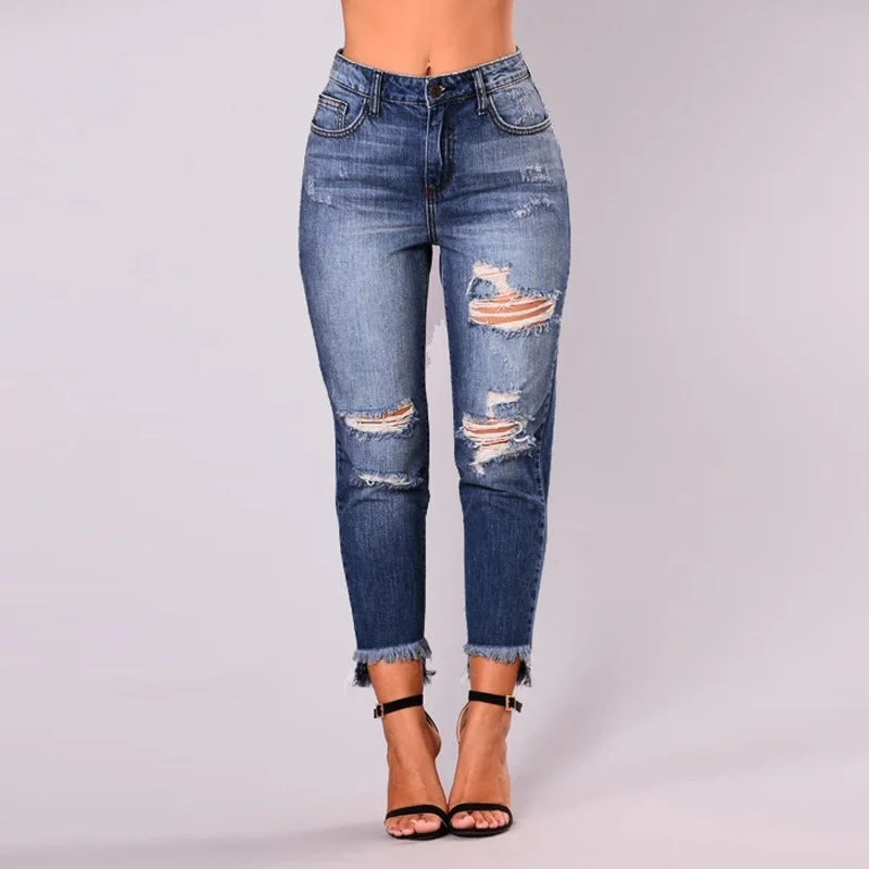 Sports Tights Skinny Stretch High Waist Hole Breaking Denim Pencil Pants Wholesale Womens Clothing