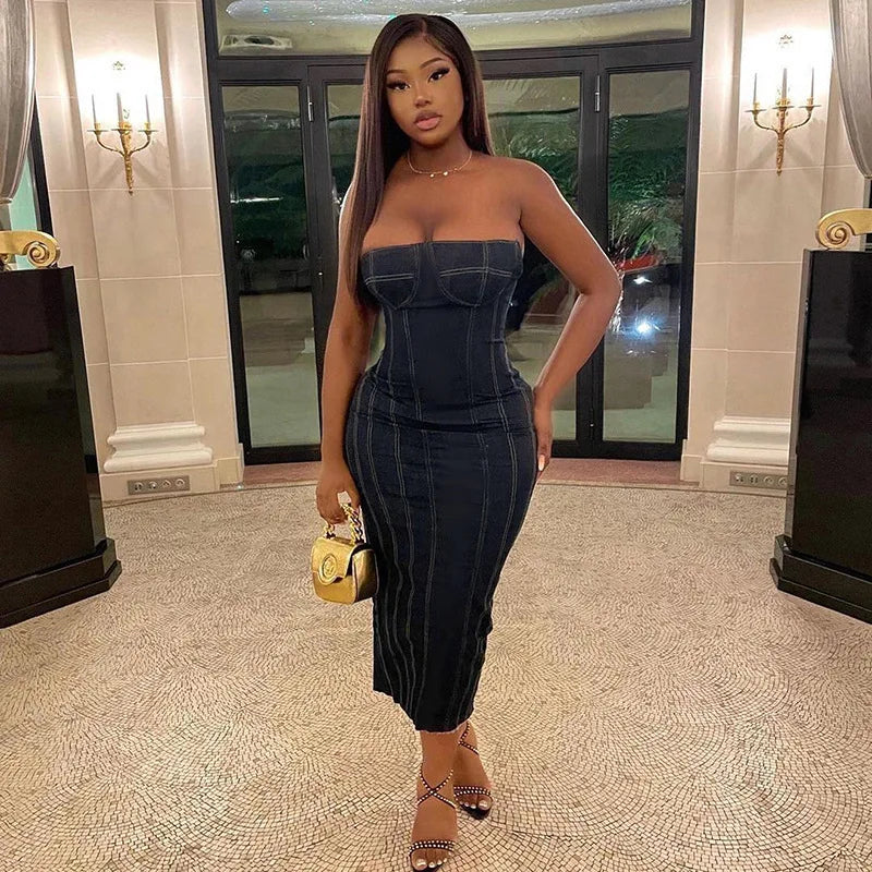 Sports Fitness Style Bomblook ASDS132 Strapless Slit Denim Dresses Women Women Dress 2023 Bodycon Dress