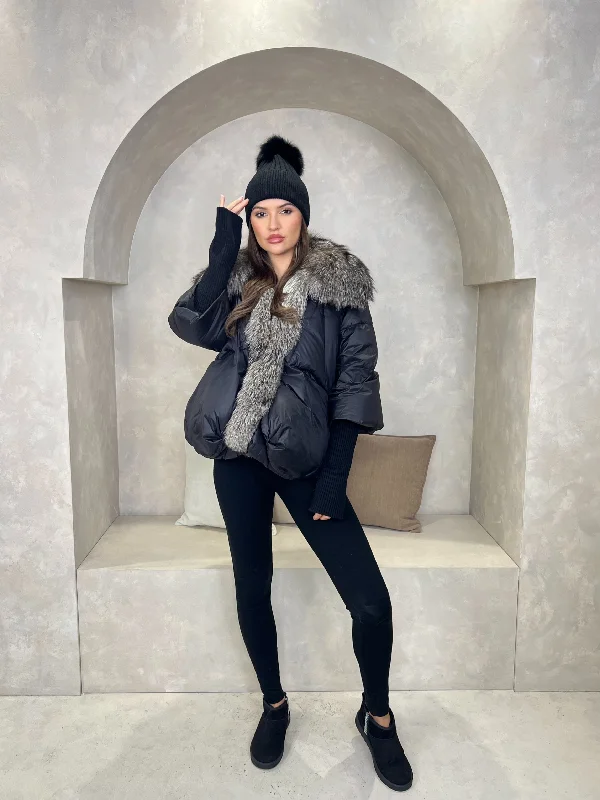 Cute Style Black Luxury Fur Trim Jacket