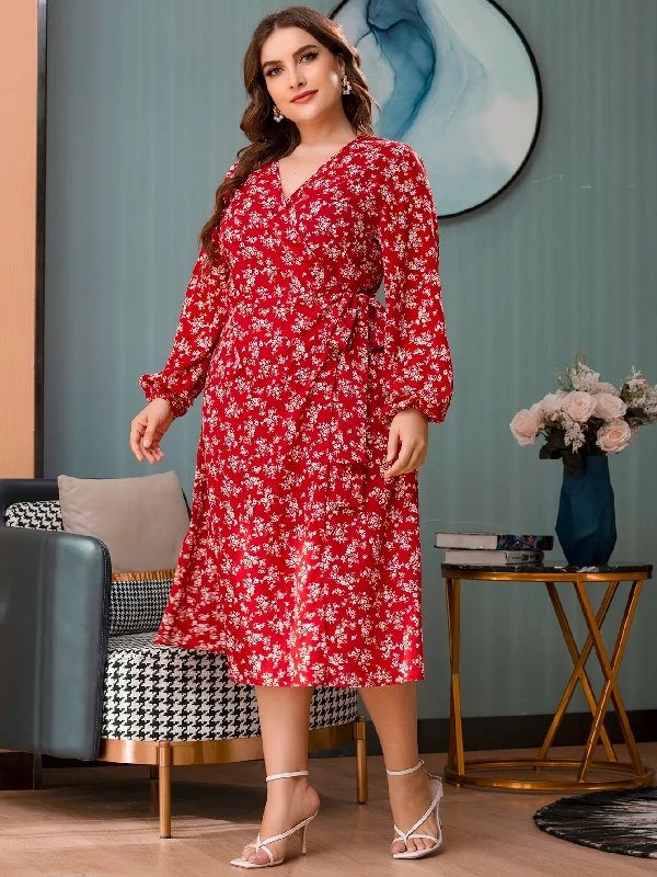Carefree Style Elegant All Over Print Wrap Long Sleeve V Neck Wrap High Waist Long Plus Size Dress