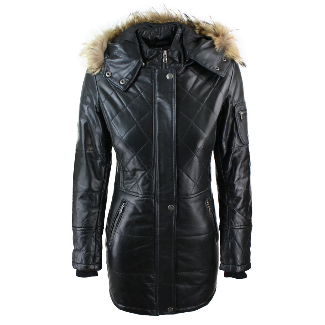 Fashionable In The Times Women's Tan Brown Fur Hooded Parka Leather Jacket Winter Coat