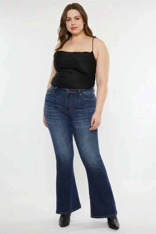 Retro Lace Fabric Kancan Full Size Mid Rise Slim Flare Jeans