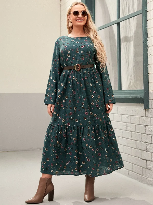 High-end Customization Boho All Over Print Ruffle Hem Long Sleeve Round Neck Flounce High Waist Long Plus Dress