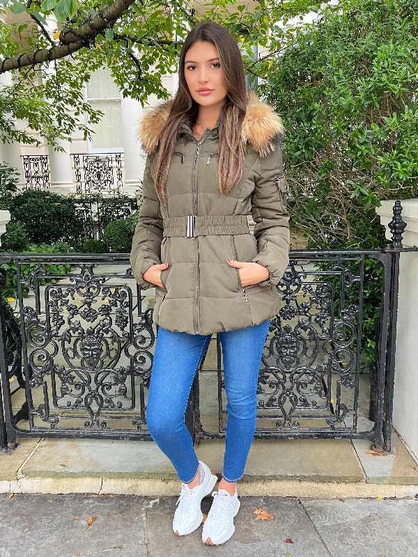 Light And Breathable Khaki/Natural Fur Luxury Fur Padded Belted Coat