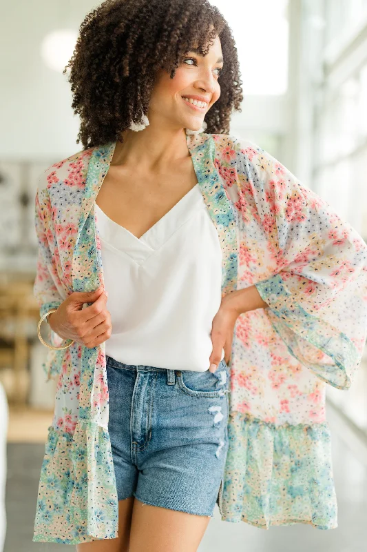 Easy Style Easy Influence Cream White Ditsy Floral Kimono