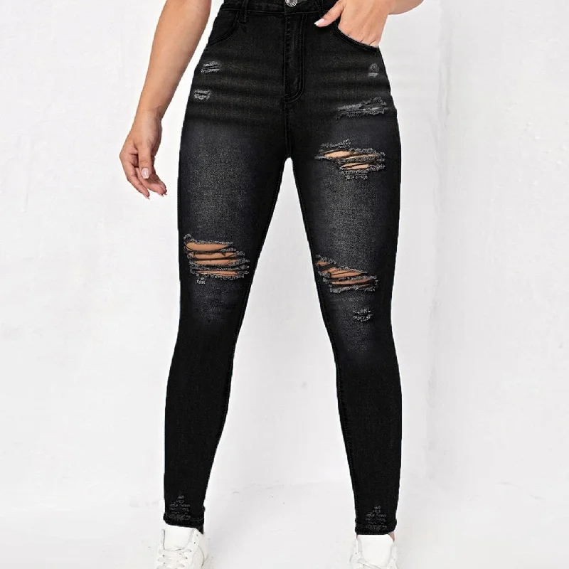 Knowledge And Elegance Fashion Personality Hole Stretch Slim Denim Small Foot Pants Wholesale Womens Clothing
