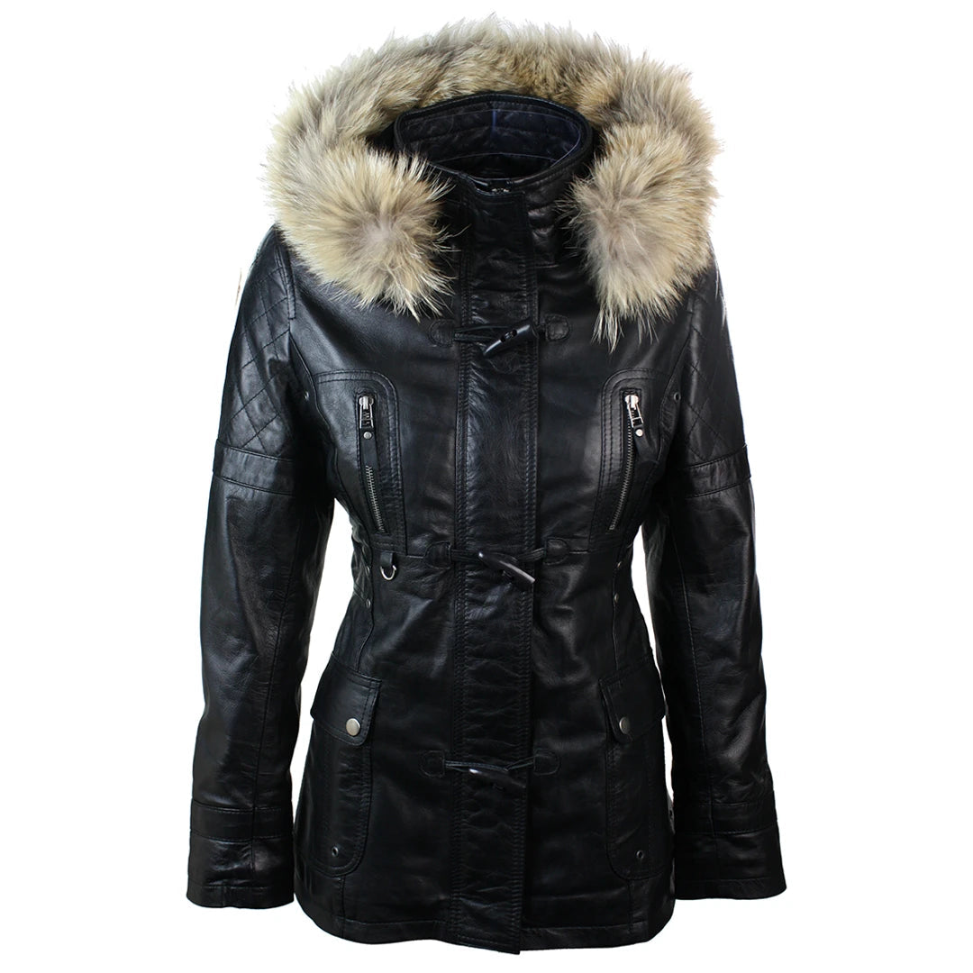 Refreshing Design Women's Leather Trench Mid Length Hooded Raccoon Fur Winter Jacket