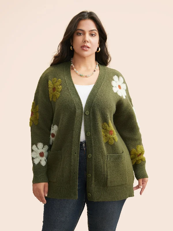 Single item design Floral Texture Slit Hem Patch Pocket Cardigan