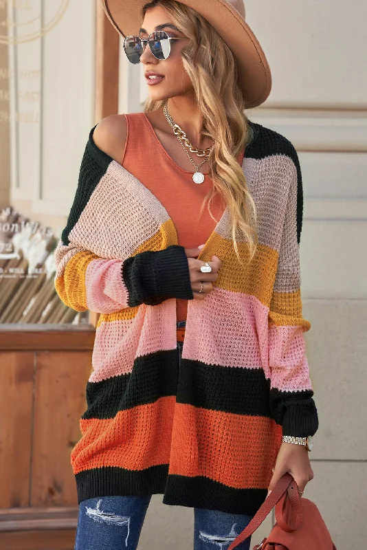 Cozy Sweaters Striped Waffle Knit Open Front Cardigan