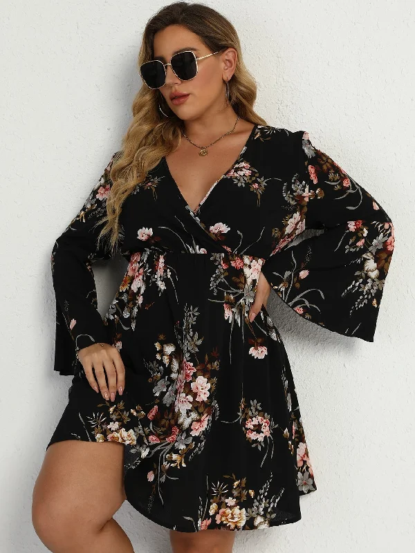 Editorial Design Boho Floral Long Sleeve Deep V-Neck Flared High Waist Short Plus Dress