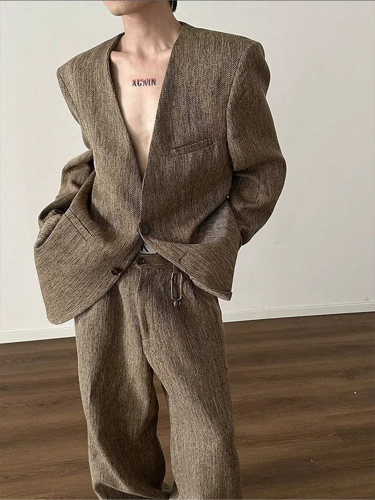Urban Style Retro Woven Suit Blazer Wide-Leg Pants Set