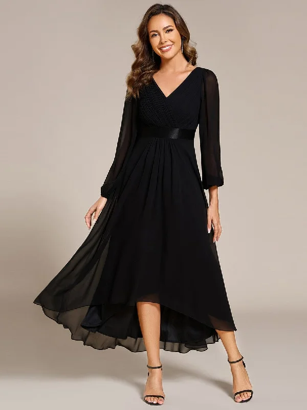 Personalized Series Long Sleeve A Line Chiffon Pleated Asymmetrical Hem Formal Dress