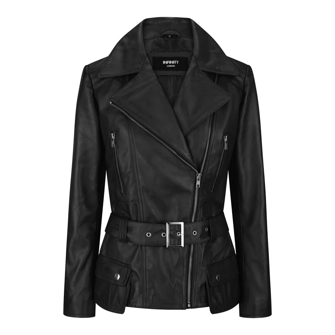 Celebrity Style Women's Brown Leather Belted Fitted Jacket