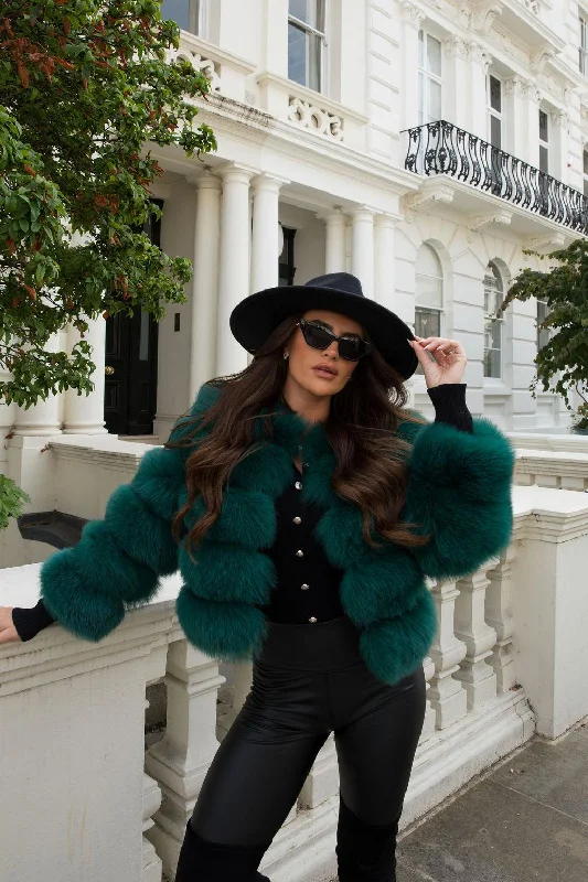 Floral Prints Emerald Green Luxury Fur 5 Row Cropped Sleeve Jacket