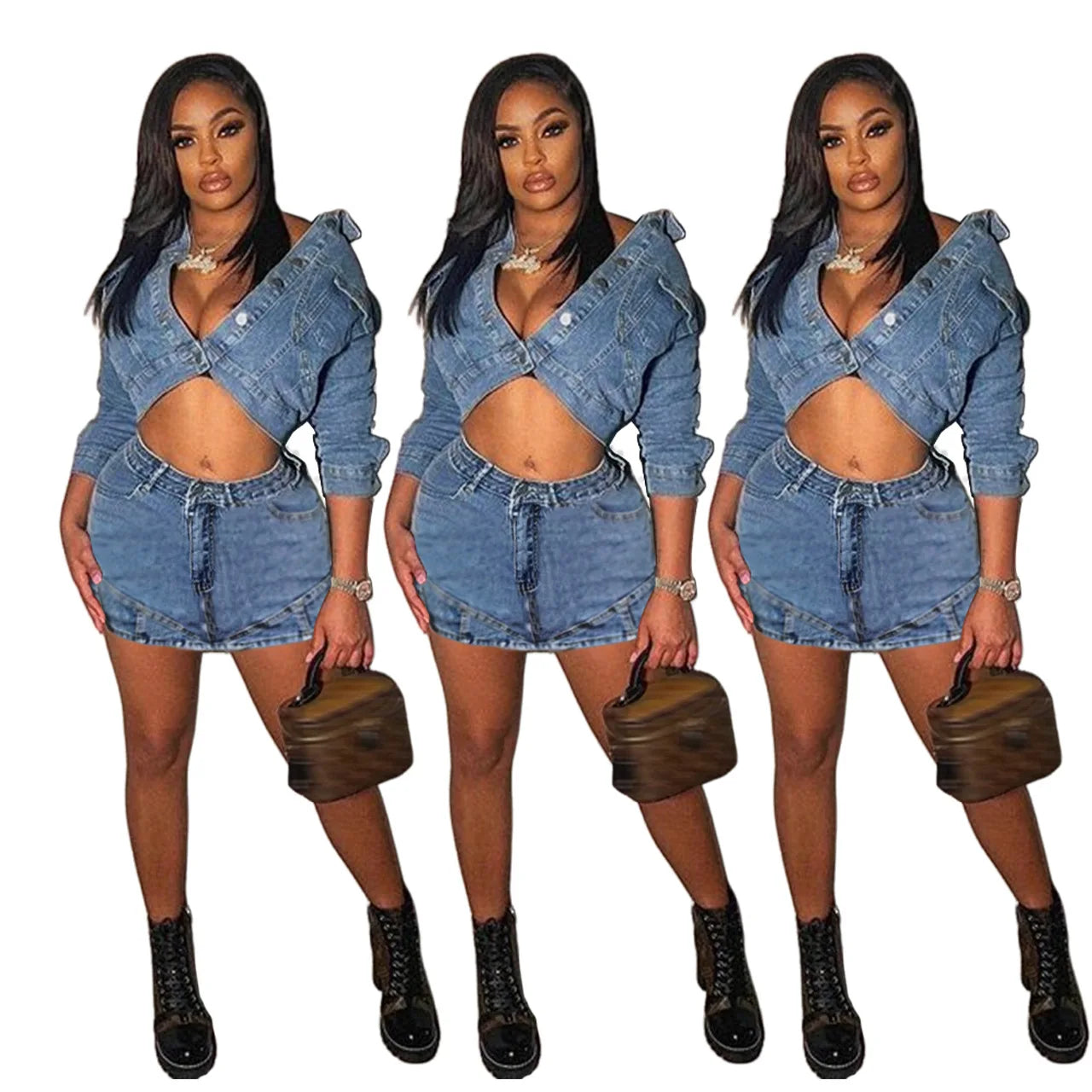 Single item design Bold & Chic Denim 2-Piece Set – Cropped Jacket & Mini Skirt