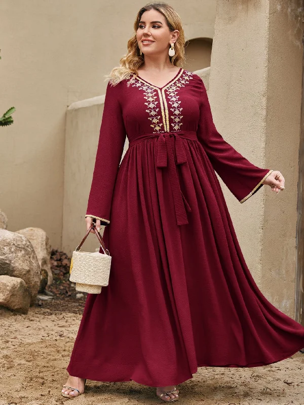 Exquisite Design Modest Floral Belted Long Sleeve V Neck Flared High Waist Maxi Plus Size Dress