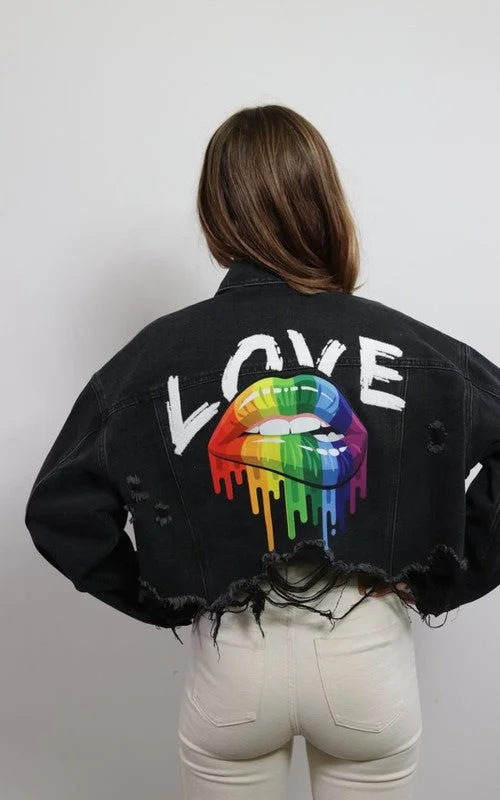 British casual Rainbow Love Lips Crop Distressed Jacket