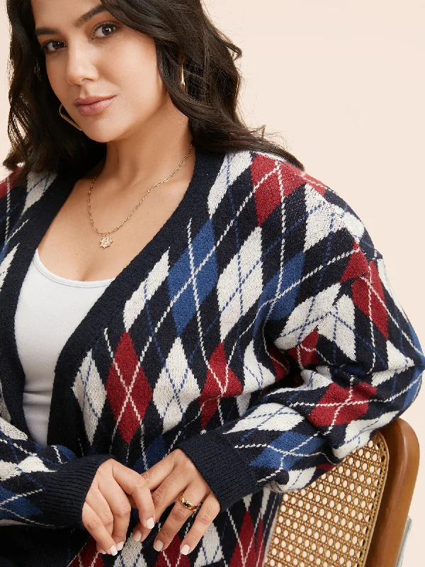 Relaxed Fashion Plaid Drop Shoulder Pocket Cardigan