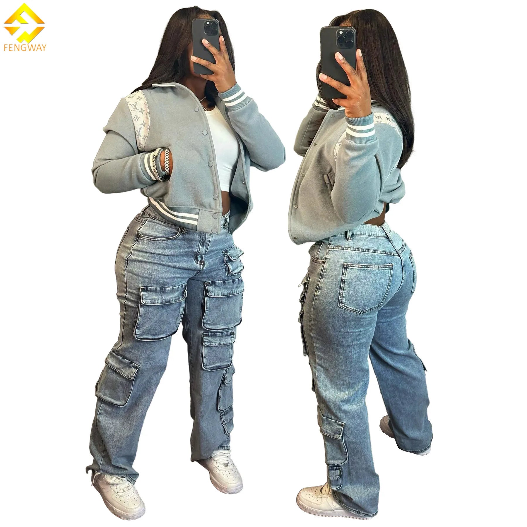 Effortless Elegance High Waist Multi Pocket Cargo Jeans for Women