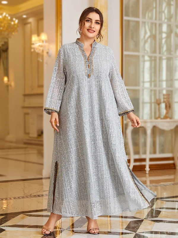 Classic Casual Tape Long Sleeve Notched Slit Natural Maxi Plus Size Dress