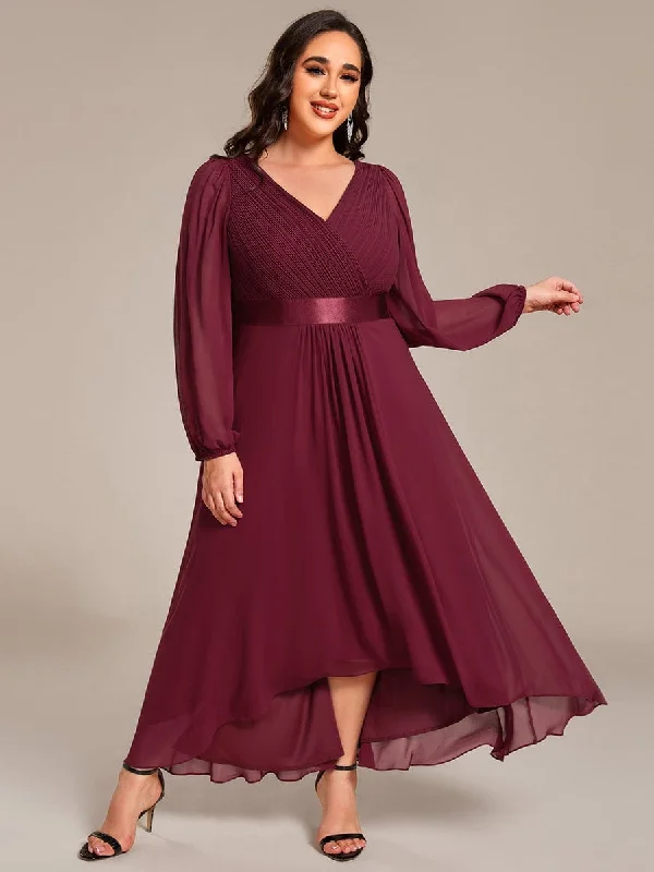 Must-have For Fashion Plus Size A-Line Long Sleeve Chiffon Pleated Formal Dress