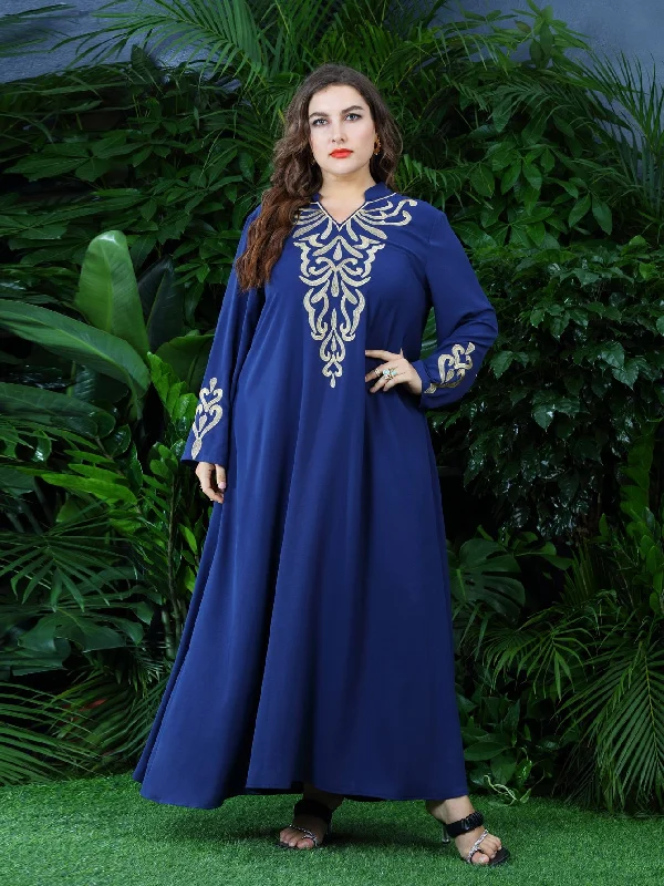 Luxury Customization Modest Graphic Long Sleeve Notched Straight Natural Maxi Plus Size Dress