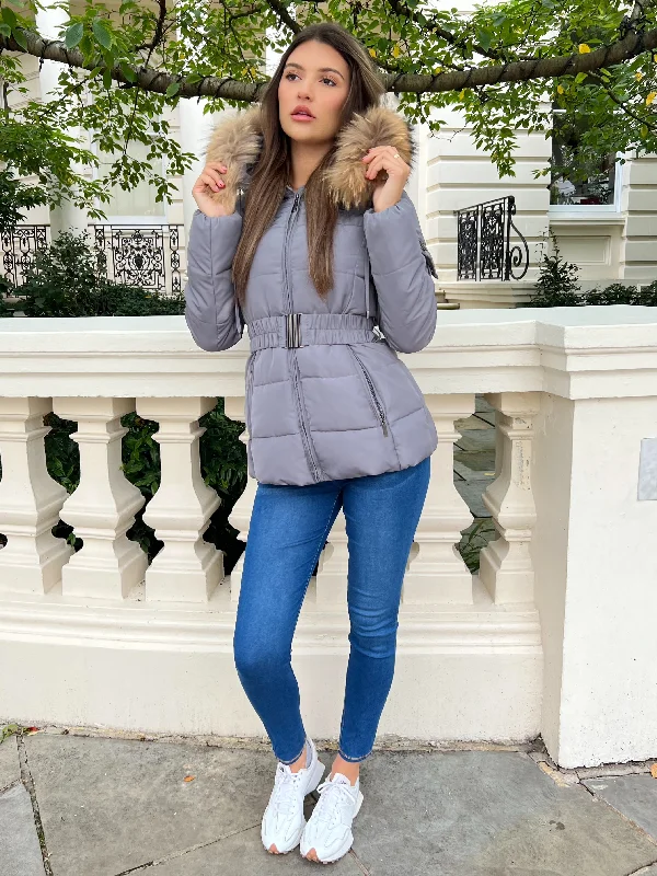 French Retro Grey/Natural Fur Luxury Fur Padded Belted Coat